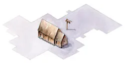 Akvatelskitse af en gammel, bindingsværkskirke med klokketårn.