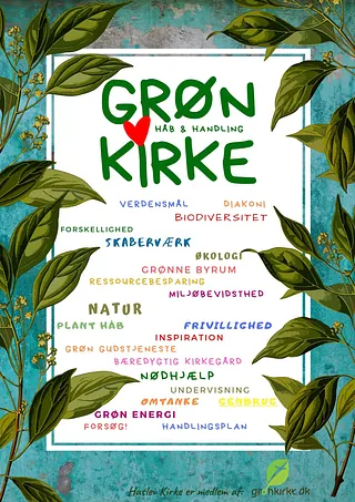 Grøn Kirke-plakat med en ordsky om miljø og tro.