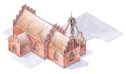 Akvarel af en murstenskirke med trappegavle og et spir.